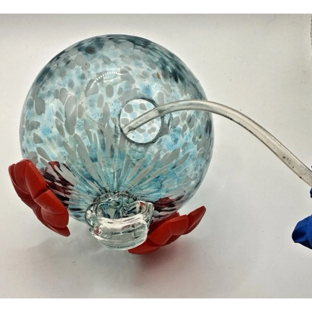 Hummingbird Feeder Hand Blown Glass Blue White Confetti Red Flower Ports Hanging
